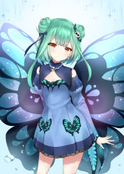 Rule 34 | 1girl, animal print, bare shoulders, blue butterfly, blue dress, bow, bug, butterfly, butterfly print, butterfly wings, cleavage cutout, closed mouth, clothing cutout, detached sleeves, double bun, dress, earrings, flat chest, green hair, hair bun, hair ornament, highres, hololive, insect, insect wings, jewelry, kebin no shio amaou, long sleeves, red eyes, ribbon, short dress, skirt, skull, skull hair ornament, solo, uruha rushia, uruha rushia (1st costume), virtual youtuber, wings