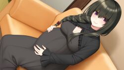 Rule 34 | 1girl, blush, braid, breasts, brown hair, cleavage, closed mouth, couch, dress, eyebrows hidden by hair, female focus, game cg, go-1, hanabishi botan, hands on own stomach, highres, homemaid sweet pea, indoors, large breasts, legs, long hair, looking at viewer, original, pregnant, purple eyes, single braid, sitting, smile, solo, thighs
