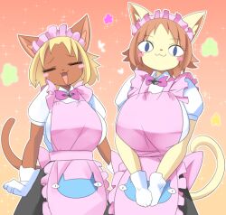 Rule 34 | &lt;|&gt; &lt;|&gt;, 2girls, :3, animal ears, apron, black skirt, blonde hair, blue eyes, blush stickers, bow, bowtie, breasts, brown hair, cat ears, cat girl, cat tail, character request, closed eyes, closed mouth, collared shirt, commentary request, cowboy shot, dark skin, gloves, heybot!, large breasts, lets0020, looking at viewer, maid, multiple girls, open mouth, pink apron, pink bow, pink bowtie, puffy short sleeves, puffy sleeves, shirt, short bangs, short hair, short sleeves, skirt, smile, sparkle, tail, white gloves, white shirt, yellow skirt