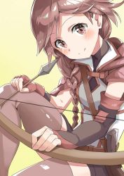 Rule 34 | 10s, 1girl, bow (weapon), braid, brown eyes, brown hair, hai to gensou no grimgar, hair over shoulder, highres, holding, holding weapon, looking at viewer, single braid, smile, solo, thighhighs, weapon, xuan chu, yume (grimgar), zettai ryouiki