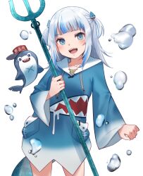 Rule 34 | 1girl, :d, bloop (gawr gura), blue eyes, blue hair, blue hoodie, bubble, collarbone, cowboy shot, fins, fish tail, gawr gura, highres, holding trident, hololive, hololive english, hood, hoodie, long sleeves, medium hair, multicolored hair, open mouth, polearm, shark tail, sharp teeth, simple background, smile, solo, streaked hair, tail, teeth, trident, two side up, upper teeth only, virtual youtuber, weapon, white background, yasawa kichi