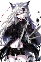 Rule 34 | 1girl, :d, absurdres, animal ears, arknights, black jacket, black nails, black shorts, blood, blood on hands, cowboy shot, grey eyes, hair between eyes, hand up, highres, jacket, katana, lappland (arknights), long hair, long sleeves, looking at viewer, material growth, midriff, nail polish, navel, open mouth, oripathy lesion (arknights), scar, scar across eye, scar on face, sheath, sheathed, sheya, short shorts, shorts, silver hair, simple background, smile, solo, standing, stomach, sword, thighs, very long hair, weapon, white background, wolf ears