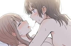 Rule 34 | 2girls, after kiss, betock, blush, breasts, brown hair, commentary request, ear blush, closed eyes, highres, light brown hair, medium hair, multiple girls, original, saliva, saliva trail, simple background, sweat, white background, yuri