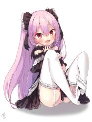 Rule 34 | 1girl, :d, amagasa nadame, bare shoulders, black dress, blush, commentary request, dress, fang, frilled dress, frilled thighhighs, frills, full body, garter straps, hair between eyes, hand to own mouth, hand up, highres, hololive, knees up, long hair, looking at viewer, no shoes, off-shoulder dress, off shoulder, open mouth, panties, pink hair, red eyes, shadow, signature, smile, soles, solo, striped clothes, striped panties, thighhighs, thighs, two side up, underwear, uruha rushia, uruha rushia (3rd costume), very long hair, virtual youtuber, white background, white thighhighs
