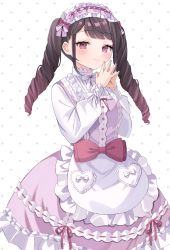 Rule 34 | 1girl, absurdres, apron, blush, bow, brown hair, closed mouth, collared shirt, commission, dress, dress bow, drill hair, frills, gradient hair, hairband, heart, highres, indie virtual youtuber, lolita fashion, lolita hairband, long hair, long sleeves, looking at viewer, multicolored hair, neck ribbon, own hands together, pinafore dress, puffy sleeves, purple eyes, ribbon, ribbon-trimmed dress, sakuragi myui, sakuta., shirt, skeb commission, sleeve cuffs, sleeveless dress, smile, solo, sweet lolita, twin drills, virtual youtuber, waist apron