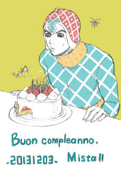 Rule 34 | 1boy, argyle, argyle clothes, argyle sweater, birthday, birthday cake, black eyes, blowing, cake, candle, chounorin, dated, flat color, food, guido mista, happy birthday, hat, heart, italian text, jojo no kimyou na bouken, limited palette, lips, male focus, parted lips, plate, sex pistols (stand), simple background, stand (jojo), sweat, sweater