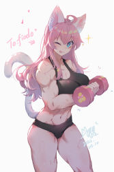 Rule 34 | 1girl, absurdres, ahoge, animal ears, blue eyes, breasts, cat ears, cat tail, highres, large breasts, long hair, muscular, muscular female, one eye closed, original, pink hair, solo, sports bra, tail, tongue, tongue out, weights, xing