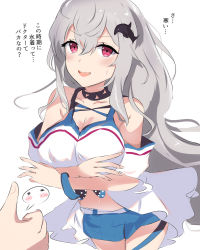 Rule 34 | 1girl, :d, alternate costume, arknights, bare shoulders, bikini, black choker, blush, breasts, choker, cleavage, commentary request, crossed arms, hair between eyes, hair ornament, highres, large breasts, long hair, looking at viewer, no headwear, official alternate costume, open mouth, raifu (rf), red eyes, sidelocks, silver hair, sitting, skadi (arknights), skadi (waverider) (arknights), smile, swimsuit, thighs, thumbs up, translated, very long hair, whale hair ornament, white background