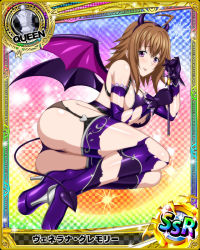 Rule 34 | 1girl, ass, boots, breasts, brown hair, card (medium), garter straps, gloves, hairband, heart, high heel boots, high heels, high school dxd, horns, large breasts, leotard, purple eyes, solo, tagme, tongue, tongue out, torn clothes, venelana gremory, wings