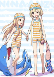 Rule 34 | 2girls, :d, barefoot, blonde hair, brown eyes, brown hair, character name, cosplay, covered navel, fang, futaba anzu, holding hands, ichihara nina, idolmaster, idolmaster cinderella girls, inflatable shark, inflatable toy, kigurumi, kingin, long hair, low twintails, multiple girls, one-piece swimsuit, one eye closed, open mouth, sketch, smile, standing, striped clothes, striped one-piece swimsuit, stuffed animal, stuffed rabbit, stuffed toy, swim cap, swimsuit, twintails, unitard, wink