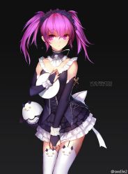 Rule 34 | 1girl, :/, :3, aisha landar, angkor (elsword), artist name, black background, black shirt, black skirt, bridal gauntlets, closed mouth, covering privates, covering crotch, detached collar, elsword, english text, flying sweatdrops, gradient background, hair between eyes, headdress, highres, holding, looking away, pink eyes, pink hair, shirt, skirt, sleeveless, sleeveless shirt, swd3e2, thighhighs, tray, twintails, void princess (elsword), white thighhighs