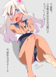 Rule 34 | 1girl, arms up, ass, blue eyes, blush, commentary request, crop top, flower, grey background, hair between eyes, hair flower, hair ornament, highres, imu sanjo, kantai collection, legs, long hair, looking at viewer, lying, on back, one-piece swimsuit, one-piece tan, open mouth, outstretched arms, ro-500 (kancolle), sailor collar, school swimsuit, school uniform, serafuku, simple background, solo, swimsuit, swimsuit under clothes, tan, tanline, tearing up, tears, thighs, translation request, white hair