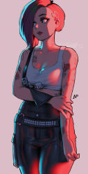 Rule 34 | 1girl, 2020, arm tattoo, aurahack, belt, black pants, breasts, cleavage, collarbone, cyberpunk, cyberpunk (series), cyberpunk 2077, eyeshadow, fingernails, front-tie top, hair over one eye, highres, holding own arm, judy alvarez, leather, leather pants, lips, lipstick, looking away, makeup, neck tattoo, o-ring, o-ring belt, pants, short hair, shoulder tattoo, sidelighting, signature, sleeveless, small breasts, solo, standing, studded belt, suspenders, tattoo, undercut, watermark