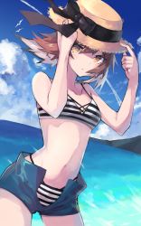 Rule 34 | 1girl, arknights, bikini, black bikini, blue shorts, blue sky, breasts, brown eyes, brown hair, cowboy shot, day, hand on headwear, hat, looking at viewer, midriff, multicolored hair, navel, ocean, open clothes, open fly, open shorts, outdoors, plume (arknights), sasa onigiri, short hair, short shorts, shorts, sky, small breasts, solo, standing, stomach, straw hat, striped bikini, striped clothes, swimsuit, two-tone hair, water, white bikini, white hair