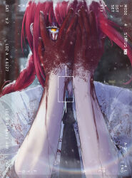 Rule 34 | 1girl, black necktie, blood, blood on clothes, blood on face, blood on hands, camera, chainsaw man, collared shirt, covering face, highres, jhony caballero, lens flare, looking at viewer, makima (chainsaw man), medium hair, necktie, one eye covered, red hair, ringed eyes, shirt, solo, white shirt, yellow eyes