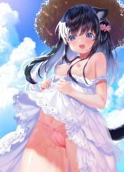 Rule 34 | 1girl, animal ear fluff, animal ears, bare shoulders, black hair, blue sky, bow, bow panties, breasts, brown hat, cameltoe, cat ears, cat girl, cat tail, clothes lift, clothes pull, cloud, cloudy sky, commentary request, day, dress, dress lift, dress pull, fang, flower, hair between eyes, hair flower, hair ornament, hat, highres, long hair, looking at viewer, multicolored hair, mutou mato, nipples, open mouth, original, outdoors, panties, pink flower, pink panties, sky, small breasts, solo, straw hat, tail, tongue, tongue out, two-tone hair, underwear, very long hair, white dress, white hair