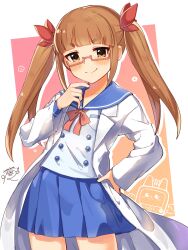 Rule 34 | 1girl, artist name, blue sailor collar, blue skirt, blunt bangs, blush, bow, brown eyes, brown hair, character name, closed eyes, coat, collarbone, glasses, gradient background, grid background, hair bow, hair ribbon, hand on own hip, highres, idolmaster, idolmaster cinderella girls, idolmaster cinderella girls starlight stage, ikebukuro akiha, lab coat, long hair, looking at viewer, mmmakaron888, neck ribbon, open clothes, open coat, orange background, pink-framed eyewear, pink background, pleated skirt, red ribbon, ribbon, robot, sailor collar, school uniform, semi-rimless eyewear, simple background, skirt, smile, solo, twintails, two-tone background, under-rim eyewear, white background