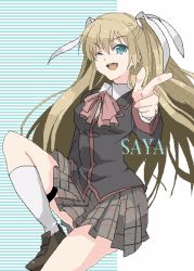 Rule 34 | 1girl, ;d, blonde hair, bow, garter straps, green eyes, little busters!, long hair, one eye closed, open mouth, pink bow, pointing, school uniform, smile, solo, takumi (scya), tokido saya, twintails, two side up, wink