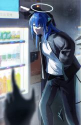 Rule 34 | 1girl, arknights, black jacket, black pants, black wings, blue eyes, blue hair, demon horns, demon tail, detached wings, energy wings, feet out of frame, hair between eyes, halo, hand in pocket, highres, horns, jacket, long sleeves, looking at viewer, mostima (arknights), night, open clothes, open jacket, outdoors, pants, pov, pov hands, smile, solo focus, tail, vending machine, wings, zuo daoxing