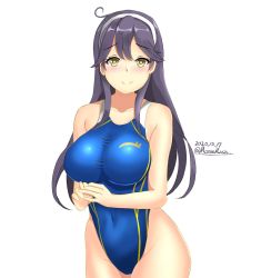Rule 34 | 1girl, ahoge, black hair, blue one-piece swimsuit, breasts, commentary request, competition swimsuit, dated, hairband, highleg, highleg swimsuit, highres, kantai collection, large breasts, long hair, montemasa, one-hour drawing challenge, one-piece swimsuit, signature, smile, solo, swimsuit, ushio (kancolle), ushio kai ni (kancolle), white hairband, yellow eyes