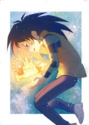 1boy black_hair blue_shirt glowing highres kaiba_mokuba long_hair male_focus moemoenomori shirt solo vest yellow_vest yu-gi-oh! yu-gi-oh!_duel_monsters