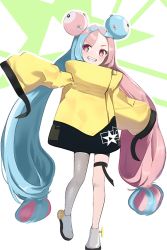 Rule 34 | blue hair, blush, character hair ornament, commentary request, creatures (company), full body, game freak, grey footwear, grey pantyhose, grin, hair ornament, highres, hiraji, iono (pokemon), jacket, long hair, nintendo, pantyhose, pink hair, pokemon, pokemon sv, sharp teeth, shoes, single leg pantyhose, smile, standing, teeth, thigh strap, yellow jacket
