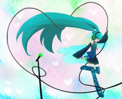Rule 34 | bad id, bad pixiv id, detached sleeves, green eyes, green hair, hatsune miku, headphones, heart, ica, long hair, microphone, microphone stand, skirt, solo, thighhighs, twintails, vocaloid