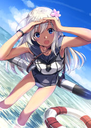 Rule 34 | 1girl, ahoge, bad id, bad pixiv id, black one-piece swimsuit, black sailor collar, blonde hair, blue eyes, crop top, dutch angle, flower, hair flower, hair ornament, highres, kantai collection, kobayashi chisato, lifebuoy, looking at viewer, one-piece swimsuit, open mouth, ro-500 (kancolle), sailor collar, school swimsuit, shading eyes, solo, swim ring, swimsuit, swimsuit under clothes, torpedo, wading, water