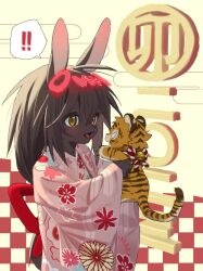 Rule 34 | !, 1girl, animal, antenna hair, bad id, bad twitter id, black hair, brown eyes, checkered background, chinese zodiac, emoticon, floral print, furry, furry female, hair between eyes, hair ornament, holding, holding animal, japanese clothes, kimono, long hair, low-tied long hair, mayumochini, new year, open mouth, original, owo, pink kimono, rabbit ears, rabbit girl, solo, spoken exclamation mark, tiger, year of the rabbit