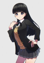 Rule 34 | 1girl, absurdres, amagami, arched back, ayatsuji tsukasa, black bow, black bowtie, black hair, black jacket, blunt bangs, blunt ends, bow, bowtie, brown sweater vest, buttons, closed mouth, collared shirt, contrapposto, cowboy shot, grey background, grey eyes, grey skirt, hand on own hip, hand up, highres, jacket, light blush, long hair, long sleeves, looking at viewer, miniskirt, open clothes, open jacket, pleated skirt, shirt, shooot108, simple background, skirt, solo, standing, straight hair, sweater vest, v-shaped eyebrows, white shirt