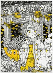 Rule 34 | 1girl, building, english text, highres, holding, jacket, kitamurashu, leaf, long sleeves, looking at viewer, monochrome, nail polish, original, plant, solo, spot color, upper body, watering can, white jacket, wind, yellow eyes, yellow nails