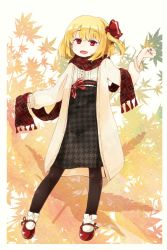 Rule 34 | 1girl, alternate costume, black pantyhose, black skirt, blonde hair, coat, commentary request, full body, hair ribbon, high-waist skirt, highres, looking at viewer, murani, pantyhose, plaid, plaid scarf, red eyes, red footwear, red ribbon, red scarf, ribbon, rumia, scarf, shoes, skirt, smile, socks, solo, standing, touhou