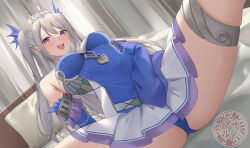 Rule 34 | 1girl, bare shoulders, blue dress, blue panties, blush, breasts, detached sleeves, dress, duel monster, fins, grey hair, head fins, heart-shaped lock, highres, large breasts, long hair, long sleeves, looking at viewer, open mouth, panties, purple eyes, sample watermark, second-party source, siren (mythology), sleeves past wrists, smile, solo, spread legs, suzuame yatsumi, tearlaments scheiren, tiara, two side up, underwear, watermark, yu-gi-oh!