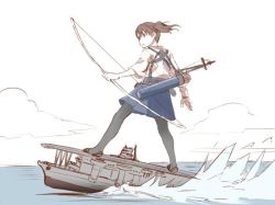 Rule 34 | 10s, 1girl, aircraft carrier, bow (weapon), commentary request, historical name connection, ishii hisao, kaga (aircraft carrier), kaga (kancolle), kantai collection, meme, military, military vehicle, name connection, object namesake, quiver, ship, side ponytail, solo, thighhighs, warship, watercraft, waterskiing (meme), weapon