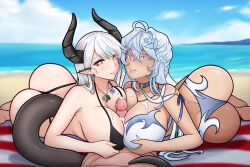 Rule 34 | breasts, cum, cum on body, cum on breasts, cum on upper body, dark-skinned female, dark skin, dragon girl, dragon horns, dragon tail, facial, group sex, heart, heart-shaped pupils, horns, large breasts, lethe (epic seven), luna (epic seven), paizuri, pointy ears, red eyes, symbol-shaped pupils, tail, threesome, white hair