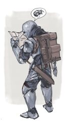 Rule 34 | 1other, armor, armored boots, backpack, bag, belt, boots, brown bag, brown belt, fish, from behind, full armor, full body, gauntlets, highres, holding, holding map, knight, map, nameno92372763, original, sheath, sheathed, solo, speech bubble, spoken squiggle, squiggle, standing, sword, weapon