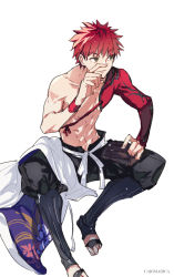 Rule 34 | 1boy, artist name, brown eyes, carimarica, emiya shirou, fate/grand order, fate (series), hand on own face, hand on own knee, igote, looking to the side, male focus, red hair, senji muramasa (fate), short hair, simple background, sitting, solo, spiked hair, topless, topless male, transparent background, white background, wristband