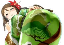 Rule 34 | 10s, 1boy, 1girl, admiral (kancolle), amagi (kancolle), ass, between buttocks, black hair, blush, breasts, brown eyes, brown hair, camouflage, closed mouth, ebizome, embarrassed, flower, giant, giantess, gloves, green kimono, hair flower, hair ornament, hat, jacket, japanese clothes, kantai collection, kimono, large breasts, long hair, looking at another, looking back, military, military uniform, mole, mole under eye, naval uniform, short hair, simple background, size difference, twisted torso, uniform, unworn hat, unworn headwear, white background, white gloves, white hat, white jacket, wide sleeves