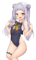 Rule 34 | 1girl, bad id, bad pixiv id, black one-piece swimsuit, black sailor collar, blunt bangs, breasts, buttons, covered erect nipples, covered navel, cowboy shot, double-breasted, double bun, grey hair, hair bun, highleg, highleg swimsuit, highres, hololive, honon, invisible chair, long hair, murasaki shion, neckerchief, one-piece swimsuit, sailor collar, short eyebrows, sidelocks, simple background, sitting, small breasts, solo, swimsuit, virtual youtuber, white background, yellow eyes, yellow neckerchief