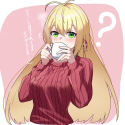 Rule 34 | 1girl, ?, absurdres, aran sweater, beads, blonde hair, blush, breasts, cable knit, cevio, cropped torso, cup, drinking, green eyes, hair between eyes, highres, holding, holding cup, large breasts, long hair, long sleeves, looking at viewer, mug, nise no tsubo, red sweater, ribbed sweater, simple background, solo, sweater, translation request, tsurumaki maki, upper body, voiceroid