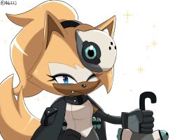 Rule 34 | 1girl, animal ears, blue eyes, coat, coat on shoulders, fang, fang out, furry, furry female, gloves, hair over one eye, hand on own hip, highres, hobi (4622j), holding, holding weapon, idw publishing, looking at viewer, mask, mask on head, one eye closed, ponytail, sleeveless, solo, sonic (series), sonic the hedgehog (idw), sparkle, tail, twitter username, unworn mask, upper body, weapon, whisper the wolf, white background, wolf ears, wolf girl, wolf tail, yellow fur