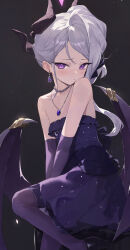 Rule 34 | 1girl, absurdres, asymmetrical sidelocks, bare shoulders, blue archive, blush, demon horns, demon wings, dress, earrings, flat chest, gem, glint, gloves, grey hair, highres, hina (blue archive), hina (dress) (blue archive), horns, jewelry, looking at viewer, necklace, official alternate costume, pantyhose, purple dress, purple eyes, purple gloves, purple hair, purple pantyhose, solo, strapless, strapless dress, toi1et paper, wings