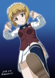 Rule 34 | 10s, 1girl, absurdres, black bow, black bowtie, black socks, blonde hair, blue background, blurry, blurry foreground, bow, bowtie, brown vest, closed mouth, commentary request, cutlass (girls und panzer), dated, depth of field, double thumbs down, dress shirt, foreshortening, from below, girls und panzer, gradient background, handkerchief, highres, kneehighs, light frown, loafers, long sleeves, looking at viewer, maid headdress, miniskirt, one-hour drawing challenge, pleated skirt, pov, print socks, shiina excel, shirt, shoes, short hair, skirt, socks, solo, standing, thumbs down, twitter username, vest, white footwear, white shirt, white skirt, wing collar, yellow eyes