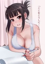 Rule 34 | 1girl, bare arms, bare shoulders, black hair, blunt bangs, breasts, brown eyes, cleavage, collarbone, commentary request, curtains, elder cousin (igarashi kyouhei), hair bun, highres, igarashi kyouhei, indoors, large breasts, looking at viewer, mole, mole under eye, nail polish, notebook, open mouth, original, paper, pencil, pink nails, sidelocks, single hair bun, sitting, solo, tank top, translated, white tank top