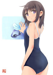 Rule 34 | 1girl, artist name, ass, black hair, competition school swimsuit, goggles, unworn goggles, highres, looking back, okiru, one-piece swimsuit, original, purple eyes, school swimsuit, short hair, solo, swim cap, unworn swim cap, swimsuit, tile wall, tiles