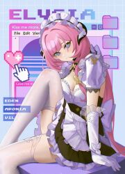 Rule 34 | 1girl, absurdres, alternate costume, apron, black dress, blush, breasts, cleavage, cover, dress, elbow gloves, elysia (honkai impact), elysia (miss pink elf) (honkai impact), frilled apron, frilled dress, frills, gloves, highres, honkai (series), honkai impact 3rd, juliet sleeves, large breasts, long sleeves, magazine cover, maid, maid apron, maid headdress, pink hair, pointy ears, ponytail, puffy short sleeves, puffy sleeves, purple eyes, short sleeves, sitting, thighhighs, thighs, tutou jiang, waist apron, white gloves, white thighhighs, wrist cuffs