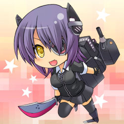 Rule 34 | 1girl, black gloves, breasts, cardigan, checkered clothes, checkered necktie, checkered neckwear, chibi, eyepatch, fang, full body, gloves, headgear, kantai collection, large breasts, machinery, miniskirt, necktie, nikubanare, open mouth, partially fingerless gloves, purple hair, school uniform, skin fang, skirt, smile, solo, star (symbol), sword, tenryuu (kancolle), thighhighs, turret, weapon, yellow eyes