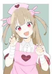 Rule 34 | 1girl, absurdres, apron, armband, bad id, bad twitter id, bandages, blush, claw pose, collared shirt, donguri suzume, fang, hair ornament, hat, head tilt, heart, highres, light brown hair, long hair, looking at viewer, nail polish, natori sana, nurse cap, open mouth, pink apron, pink hat, puffy short sleeves, puffy sleeves, rabbit hair ornament, red eyes, red nails, sana channel, shirt, short sleeves, smile, solo, two side up, virtual youtuber