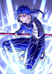 Rule 34 | 1boy, blue hair, cu chulainn (fate), earrings, fate/stay night, fate (series), gae bolg (fate), jewelry, kon manatsu, cu chulainn (fate/stay night), long hair, magic circle, male focus, polearm, ponytail, red eyes, sexy44, solo, spear, squatting, weapon