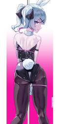 Rule 34 | 1girl, ass, bare shoulders, from behind, grey eyes, hair ornament, hair ribbon, hatsune miku, highres, leotard, long hair, looking at viewer, looking back, pantyhose, playboy bunny, pole, rabbit ears, rabbit hole (vocaloid), rabbit tail, ribbon, solo, stripper pole, tail, twintails, uenoryoma, vocaloid, white hair
